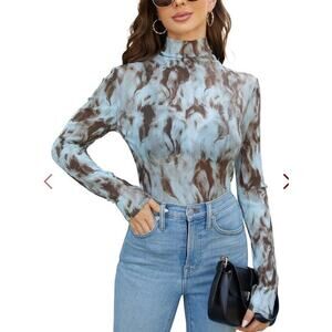 Longbida Women’s Long Sleeve Mock Neck Sexy Sheer See-thru Print Shirt XXL